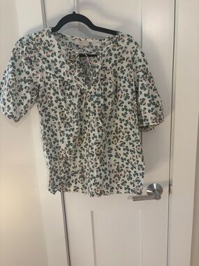 LOFT Cream Blouse with Green and Tan Floral Print and Tie Neck